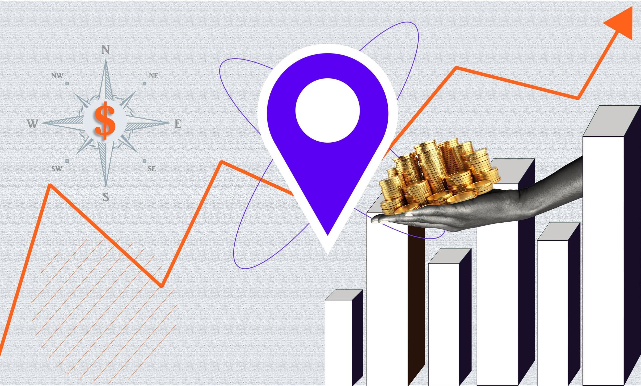 Vibrant mixed-media graphic of a central purple map pin, a rising orange arrow line, tall white bar charts, a dollar-themed compass, and an outstretched hand presenting piles of gold coins—visual shorthand for profitable, location-targeted marketing.