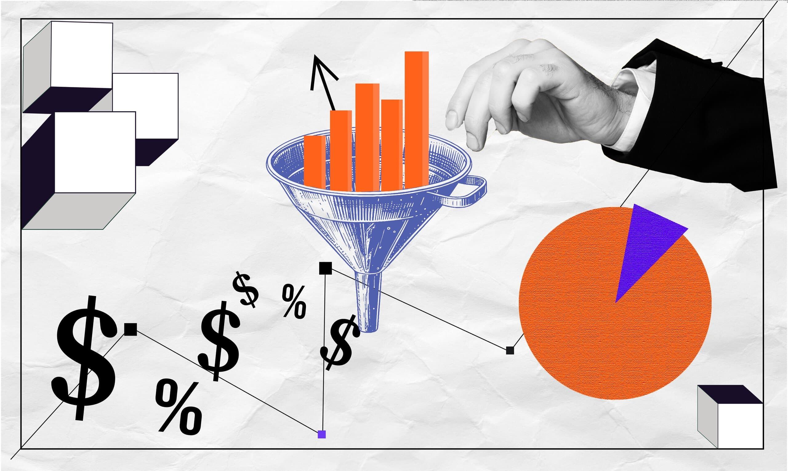Collage of a hand guiding an upward‑trending funnel‑shaped bar graph toward a bold pie chart while dollar and percent signs highlight profit potential.