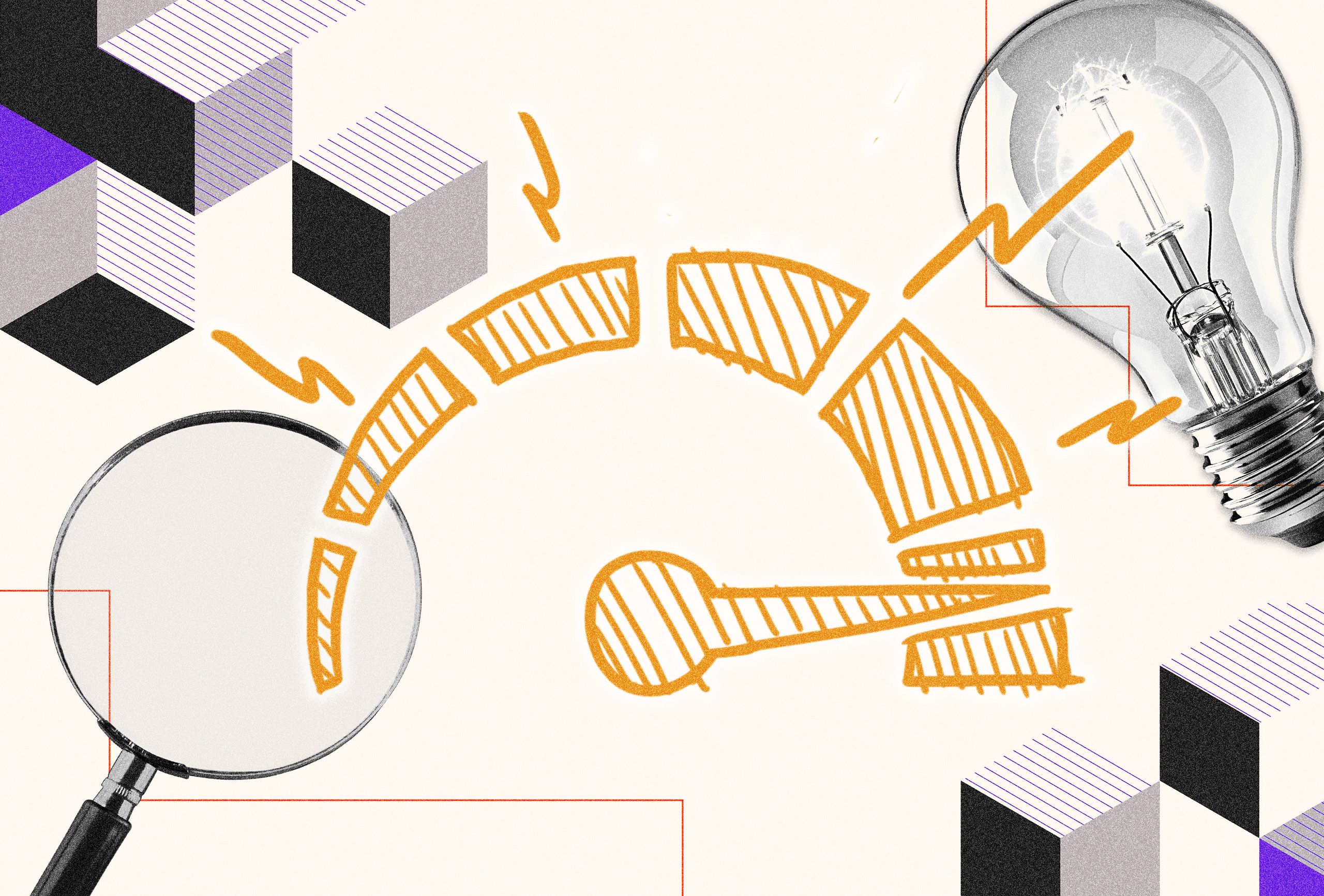 Collage of performance marketing symbols including a magnifying glass, a speedometer-style gauge with orange sketch lines, a glowing light bulb, and geometric cubes—representing analysis, optimization, innovation, and data.
