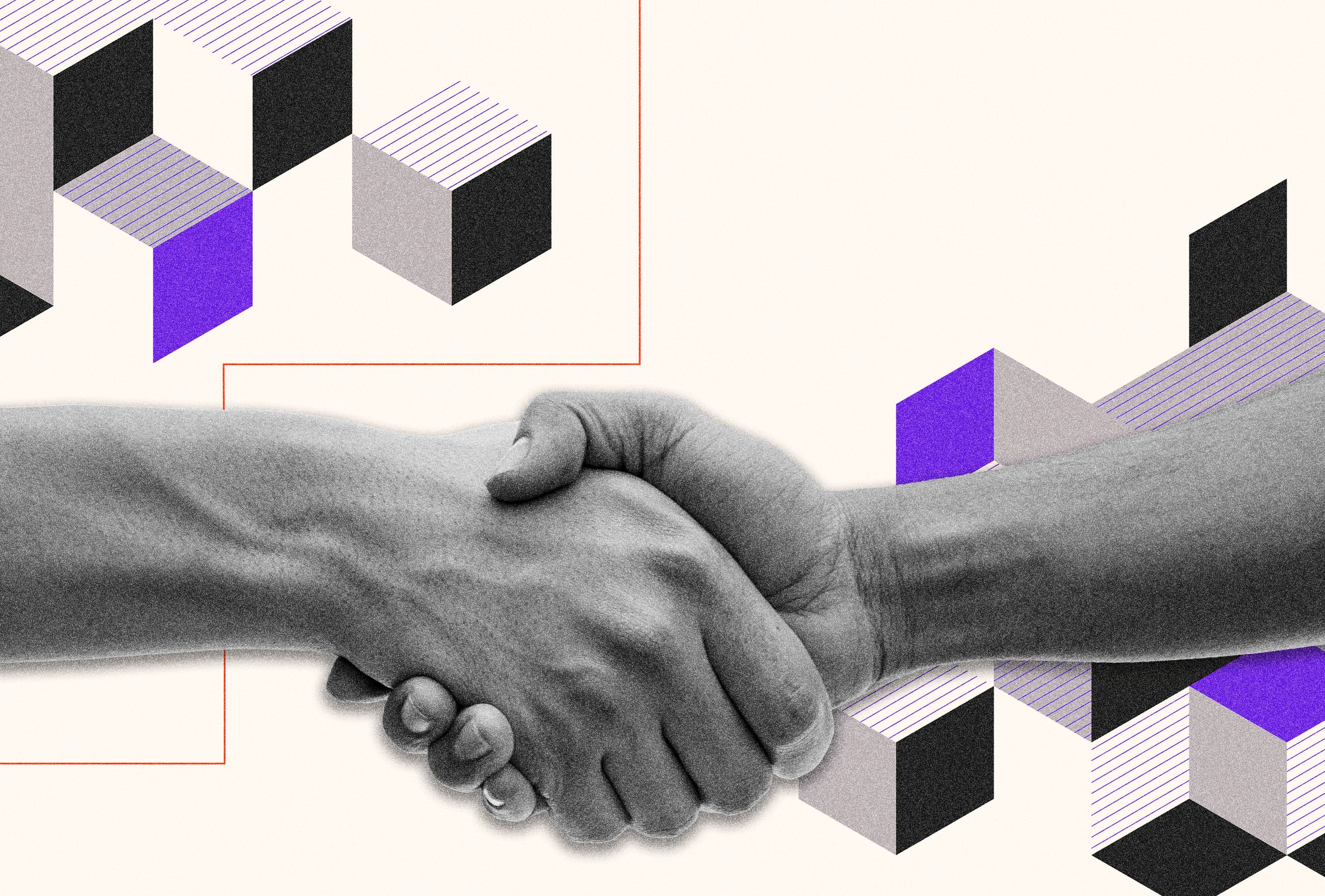 Two grayscale hands clasp in a firm handshake at the center of the image, surrounded by abstract 3D cubes in black, gray, and purple, symbolizing partnership and collaboration in a geometric digital style.