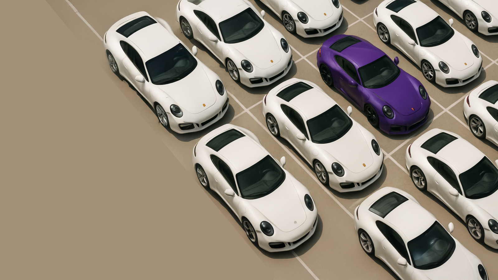 Diagonal rows of parked white performance cars with one vivid purple vehicle breaking the pattern—Leadline Marketing’s standout results.