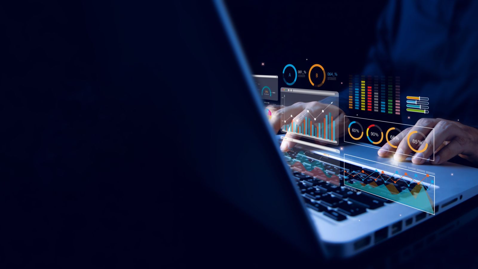 Close-up of hands on a laptop with floating analytics panels—bar and line charts, ring gauges, and A/B test results—signaling Leadline Marketing’s data-driven optimization.