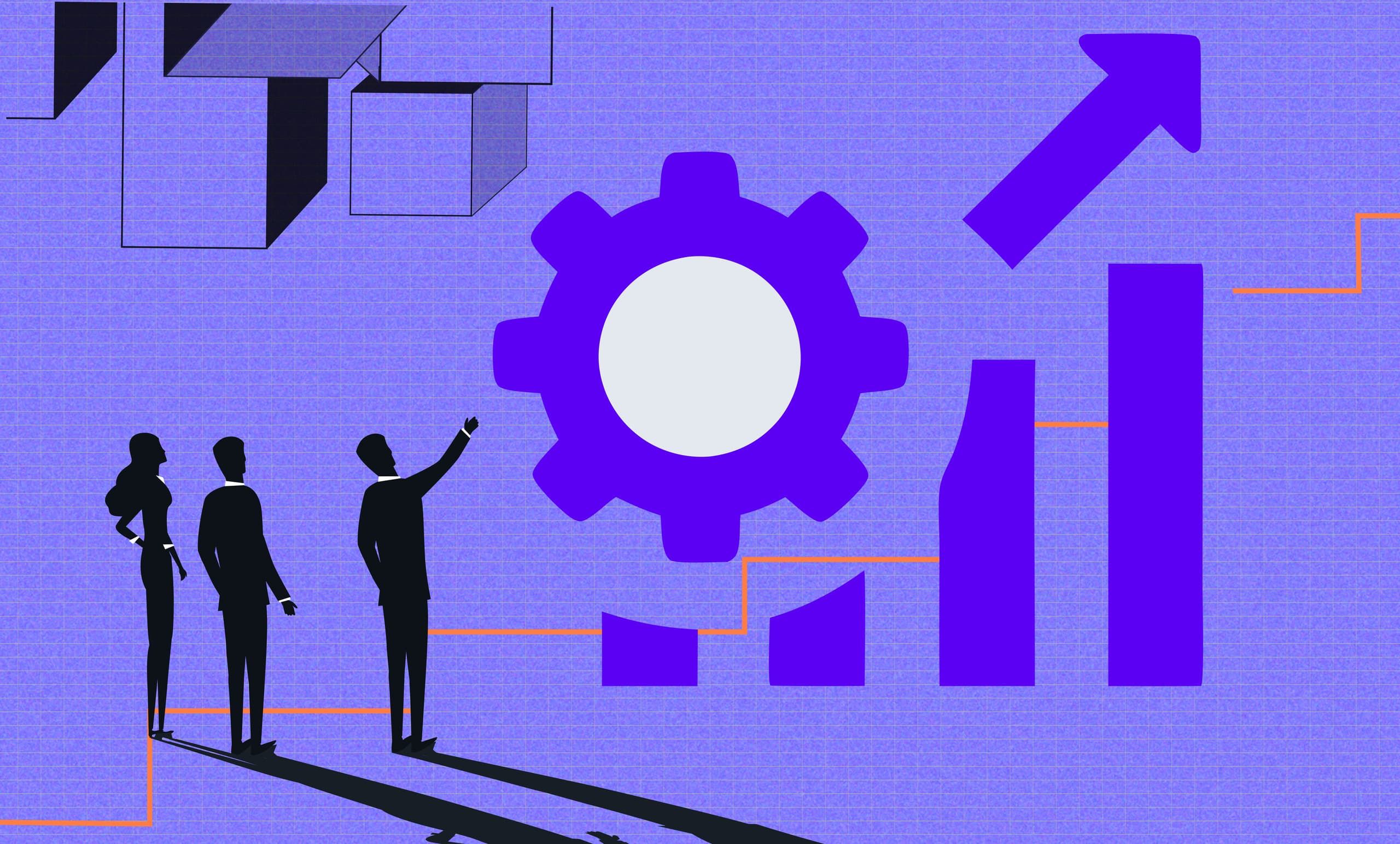 Silhouettes of three business professionals analyzing abstract icons representing growth, gears, and performance metrics, symbolizing strategic planning and optimization in marketing.