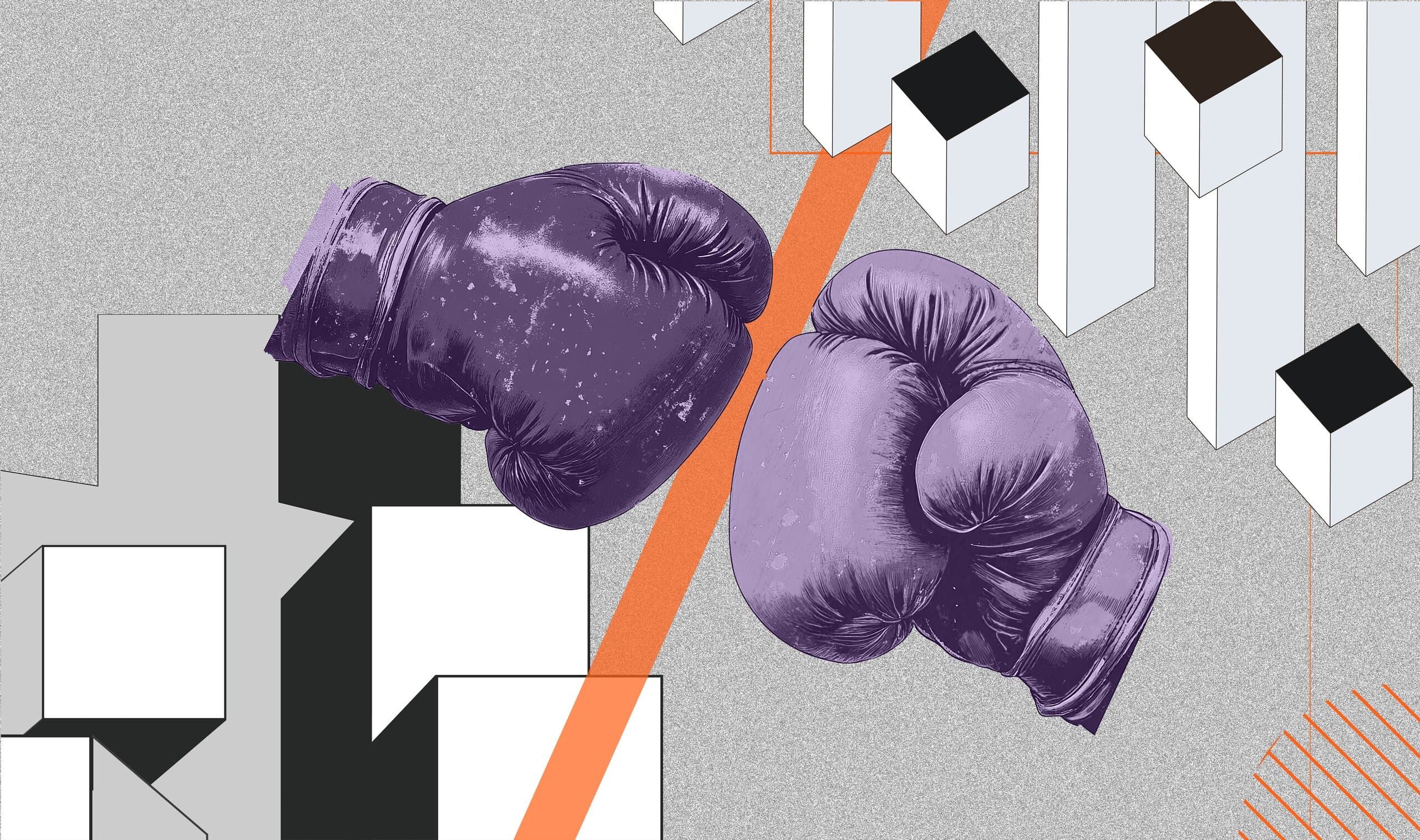 Pair of stylized purple boxing gloves poised over white cubic shapes and an orange diagonal accent on a gray speckled background.