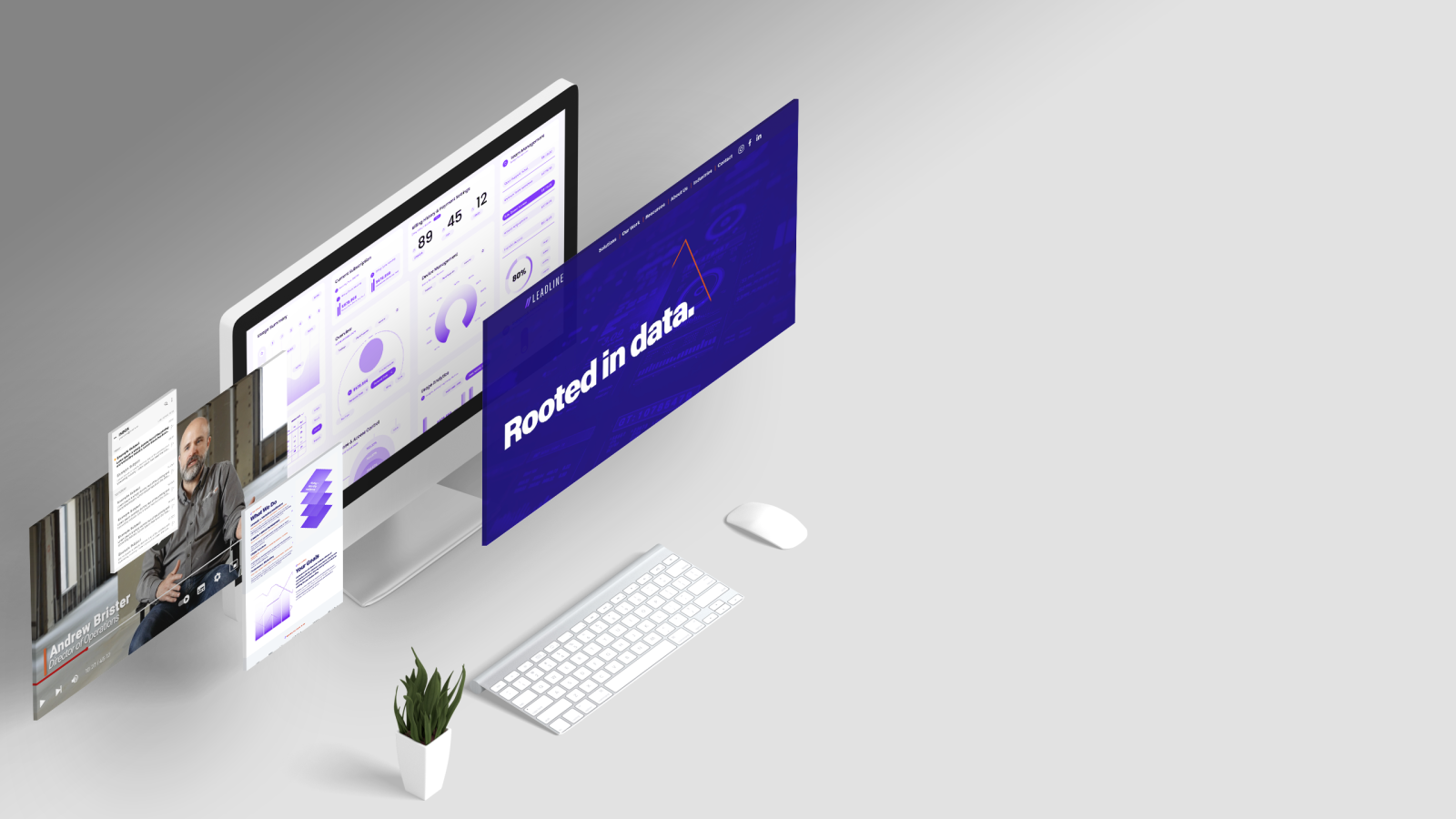 Data-driven marketing visual for Leadline Marketing—performance dashboards and a video thumbnail hover around a monitor; foreground banner reads “Rooted in data."
