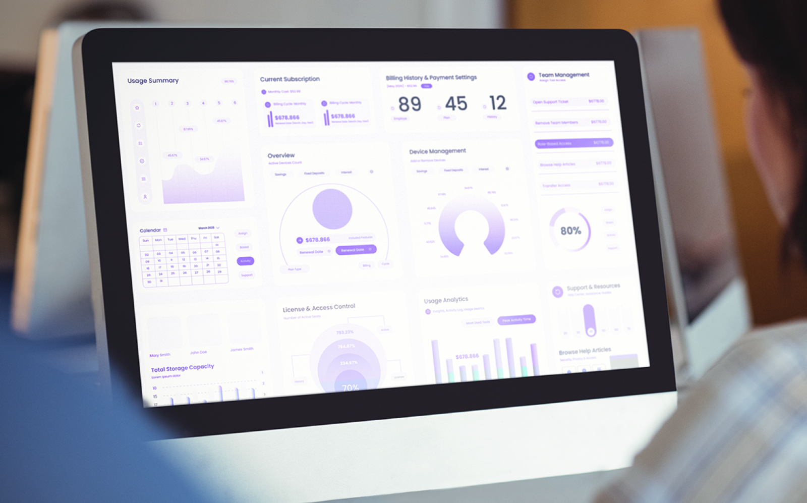 Analyst viewing a desktop monitor filled with purple analytics cards—KPIs, charts, and usage metrics—illustrating Leadline Marketing’s reporting dashboard.